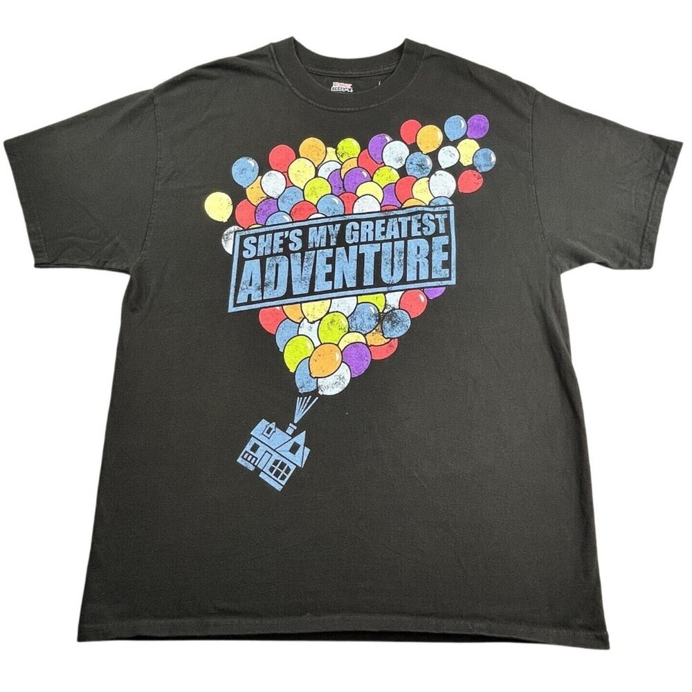 Disney Parks Pixar UP! shirt Mens Large Black Shes My Greatest Adventure Balloon
